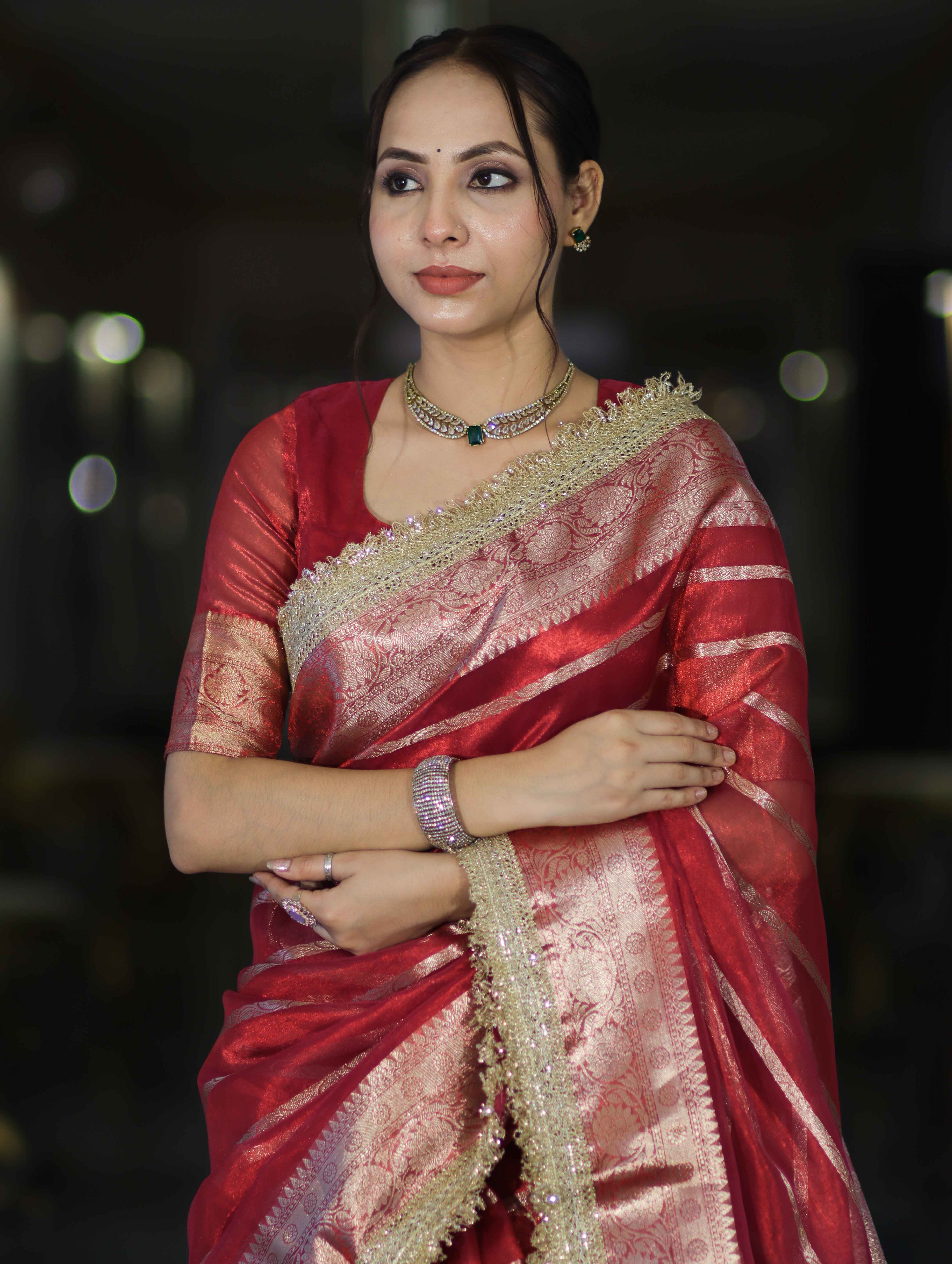 Banarasee Handwoven Tissue Saree With Zari Stripe Pattern Border & Lace-Red