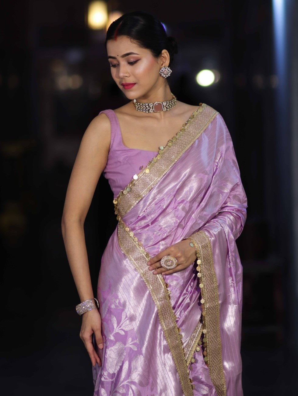 Banarasee Handloom Semi Silk Saree With Silver Zari Work Border & Lace-Lavender