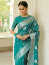 Banarasee Faux Georgette Saree With Silver Zari Buta & Border-Ocean Blue