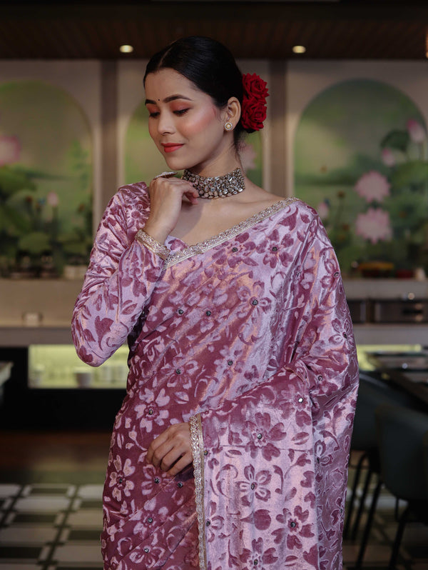 Banarasee Mirror Embroidered Velvet & Tissue Saree-Light Pink