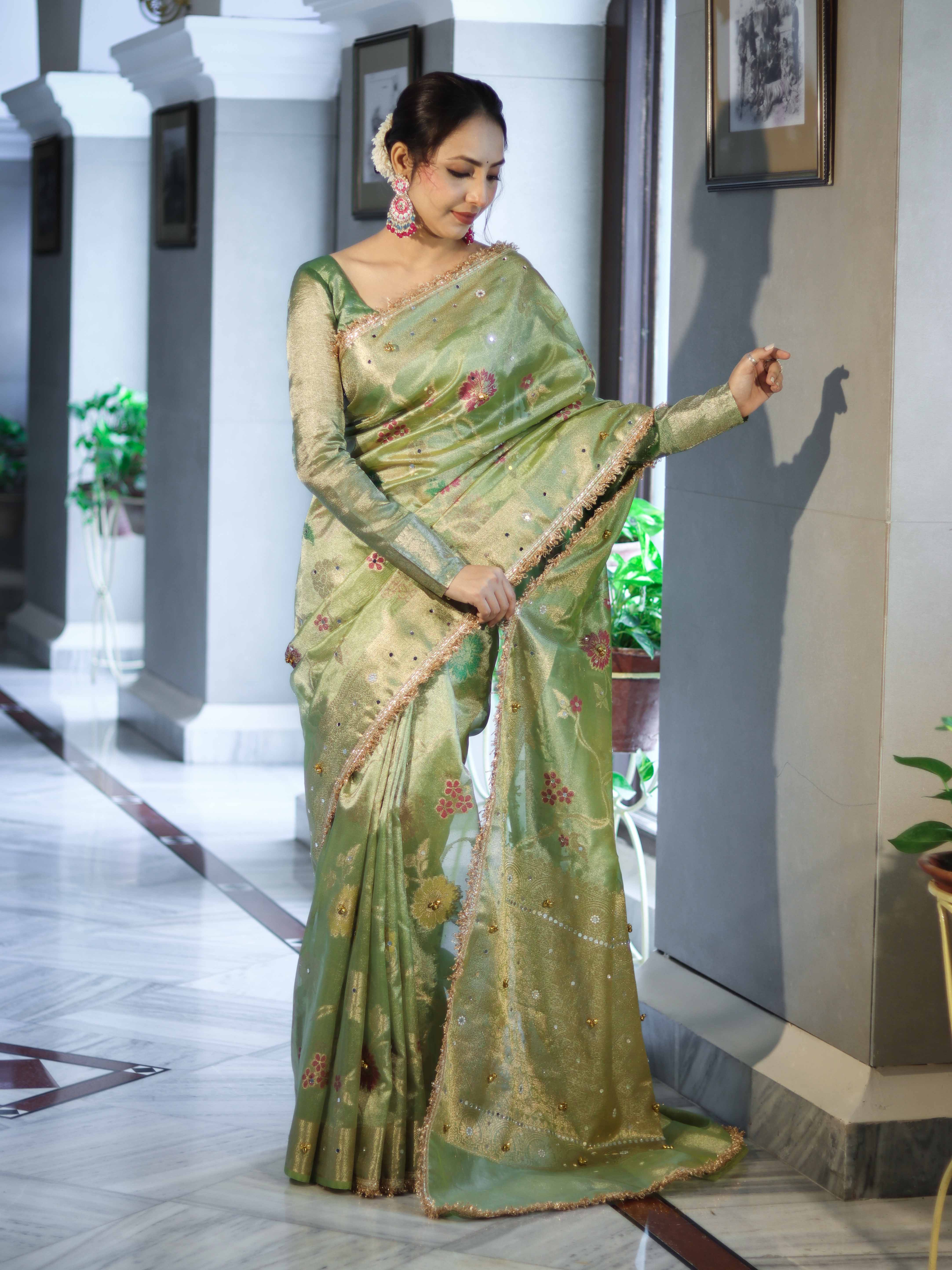 Banarasee Tissue Hand Embroidered Mirror Work Saree With Zari Resham & Ghungroo Work-Green