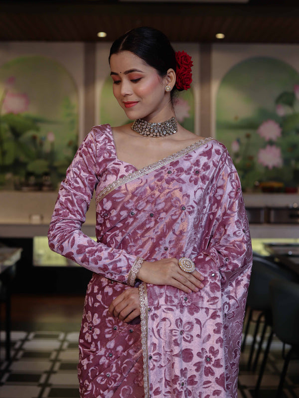 Banarasee Mirror Embroidered Velvet & Tissue Saree-Light Pink