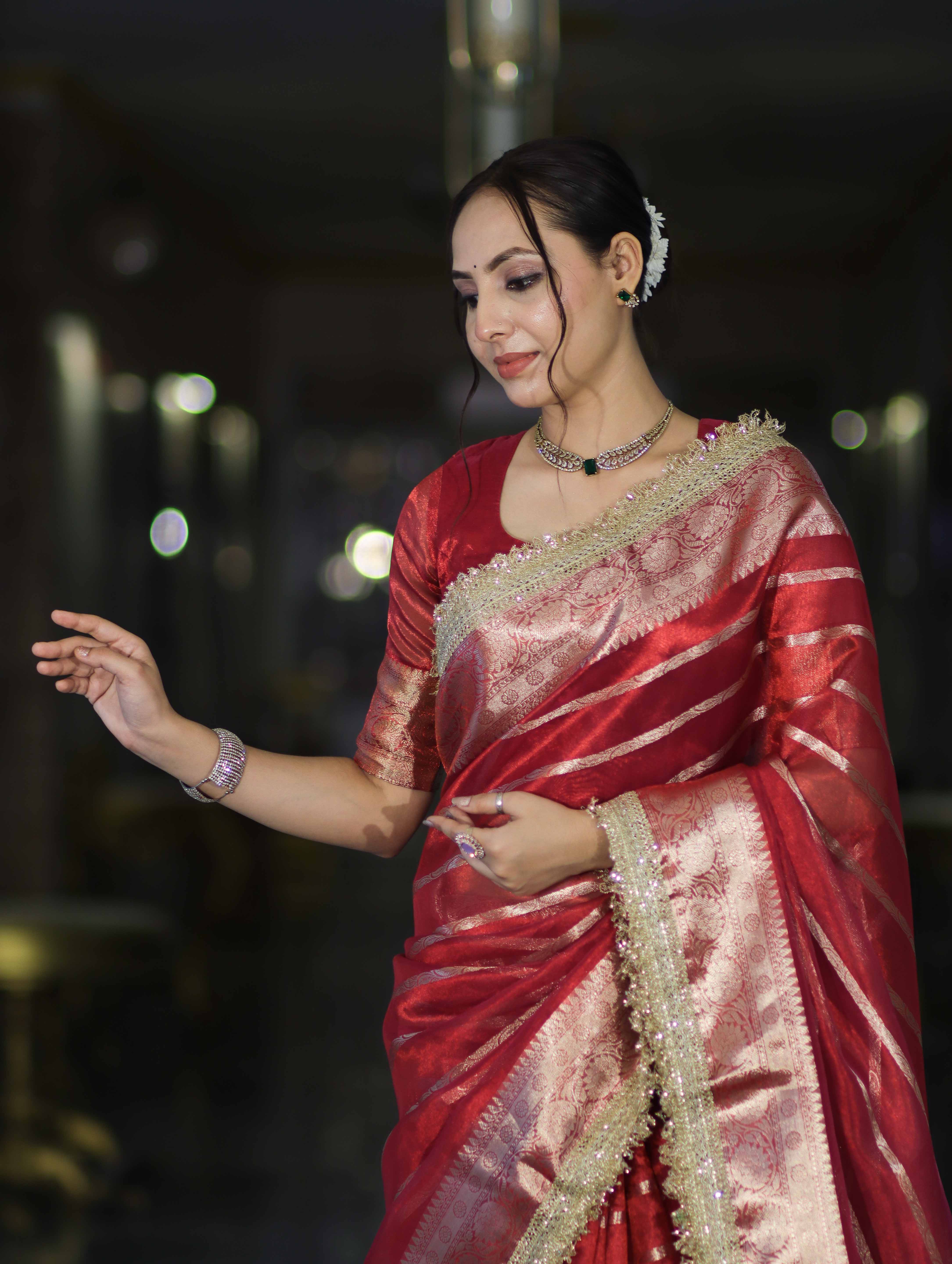 Banarasee Handwoven Tissue Saree With Zari Stripe Pattern Border & Lace-Red