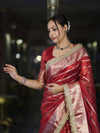 Banarasee Handwoven Tissue Saree With Zari Stripe Pattern Border & Lace-Red