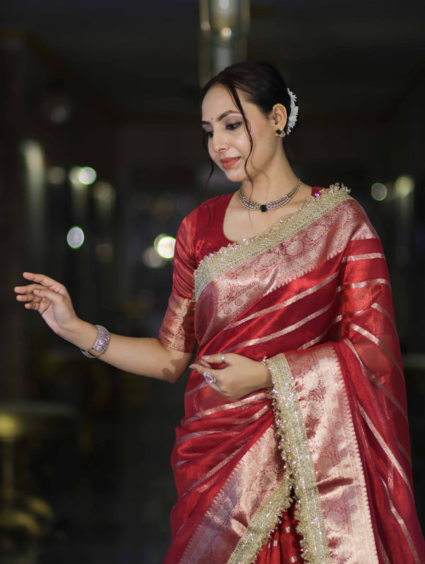 Banarasee Handwoven Tissue Saree With Zari Stripe Pattern Border & Lace-Red