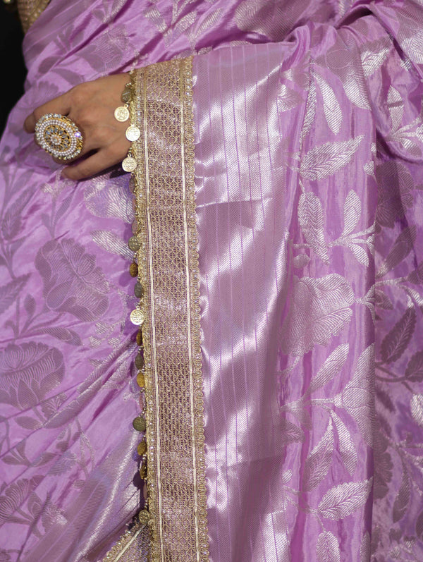 Banarasee Handloom Semi Silk Saree With Silver Zari Work Border & Lace-Lavender