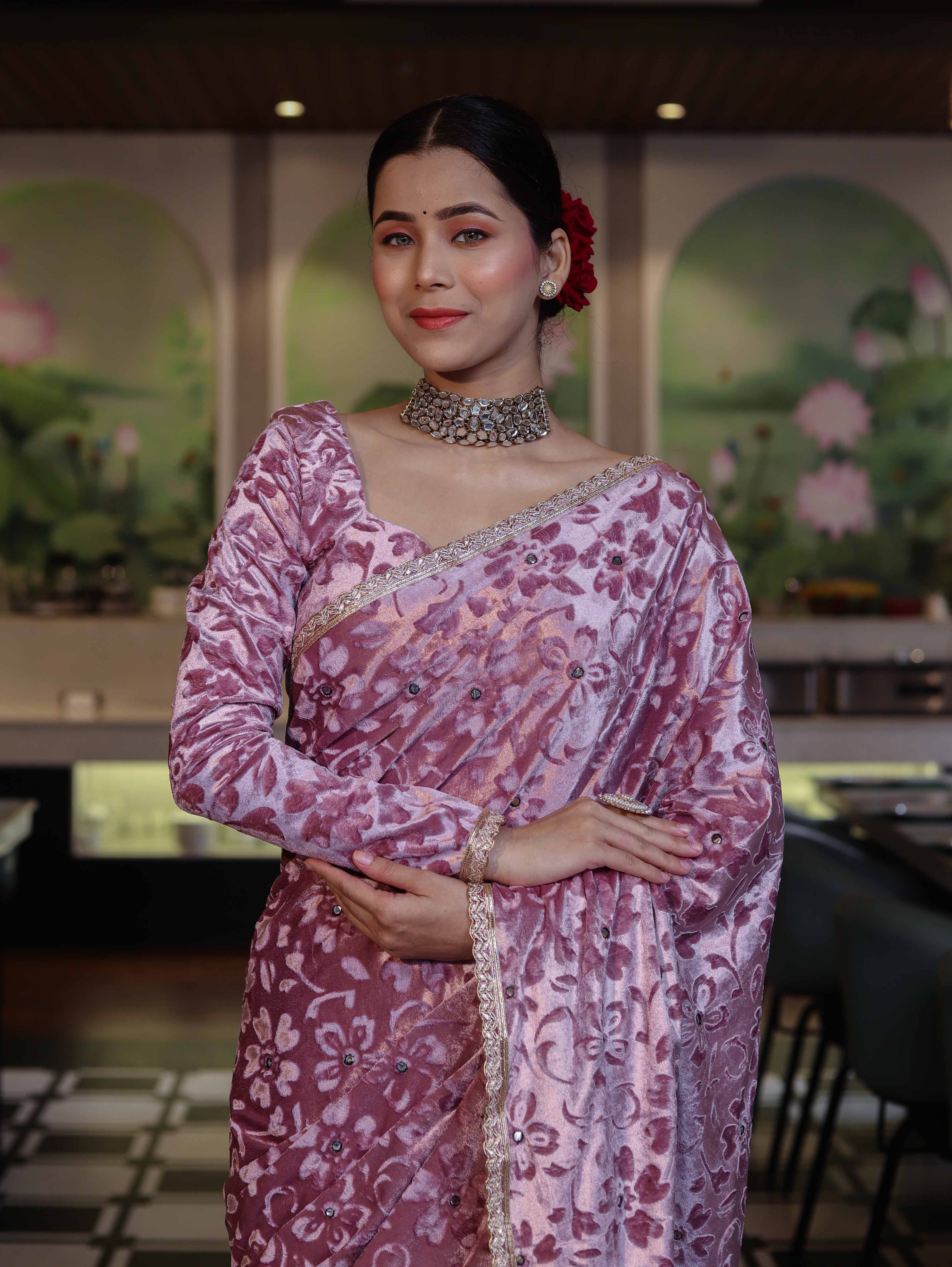 Banarasee Mirror Embroidered Velvet & Tissue Saree-Light Pink