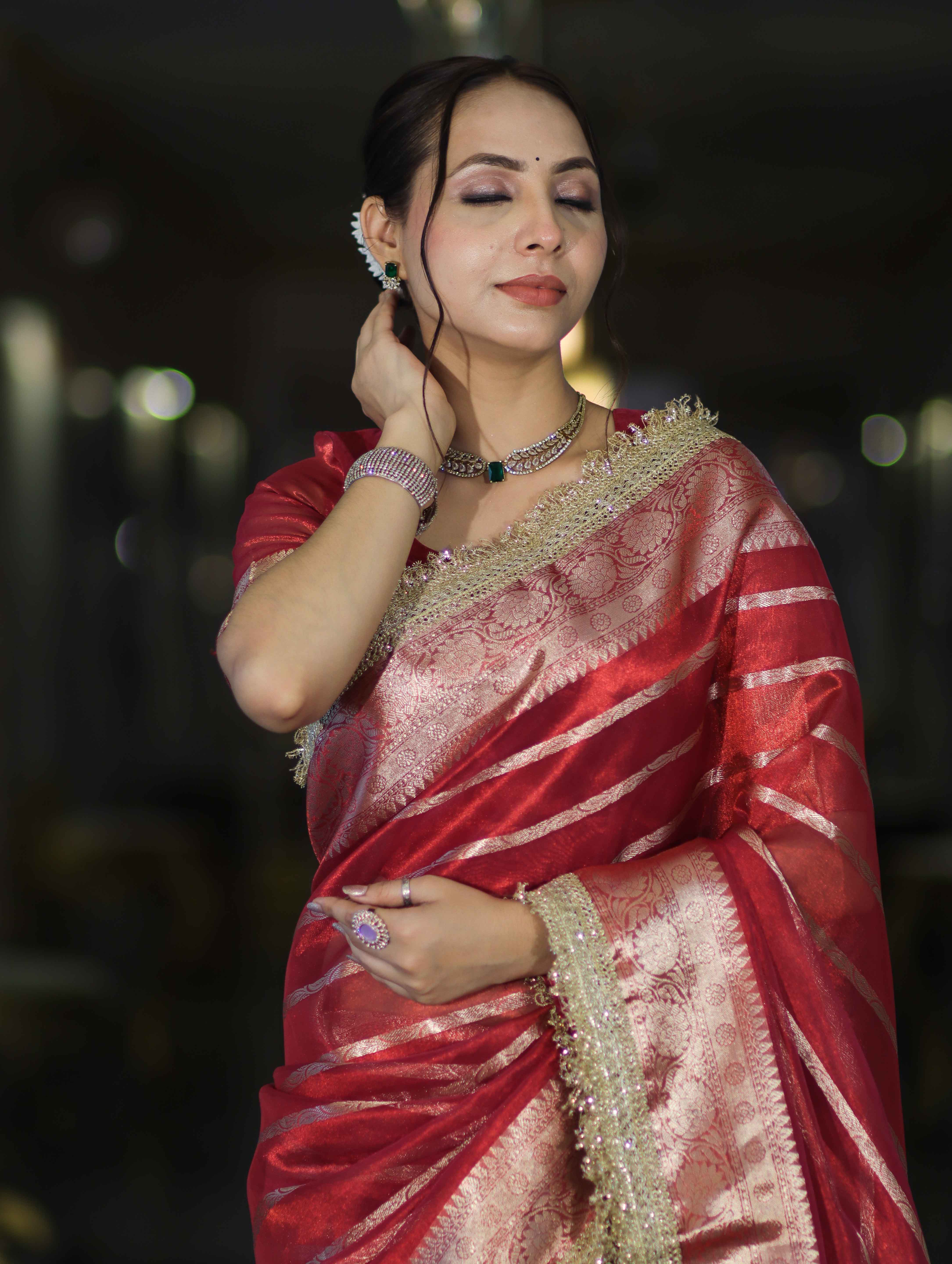 Banarasee Handwoven Tissue Saree With Zari Stripe Pattern Border & Lace-Red