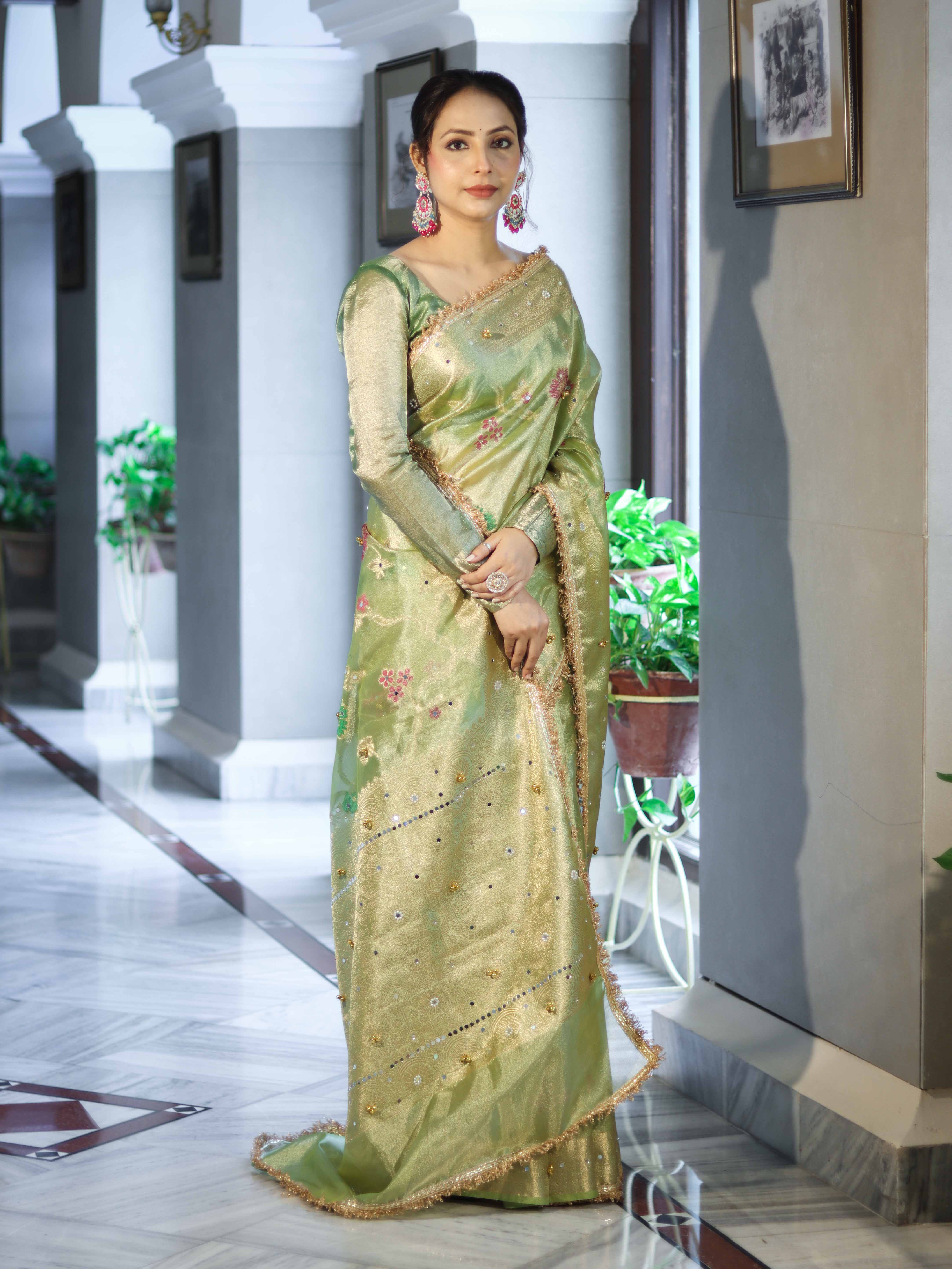 Banarasee Tissue Hand Embroidered Mirror Work Saree With Zari Resham & Ghungroo Work-Green