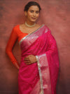 Banarasee Handwoven Semi-Chiffon Saree With Silver Zari & Lace-Pink