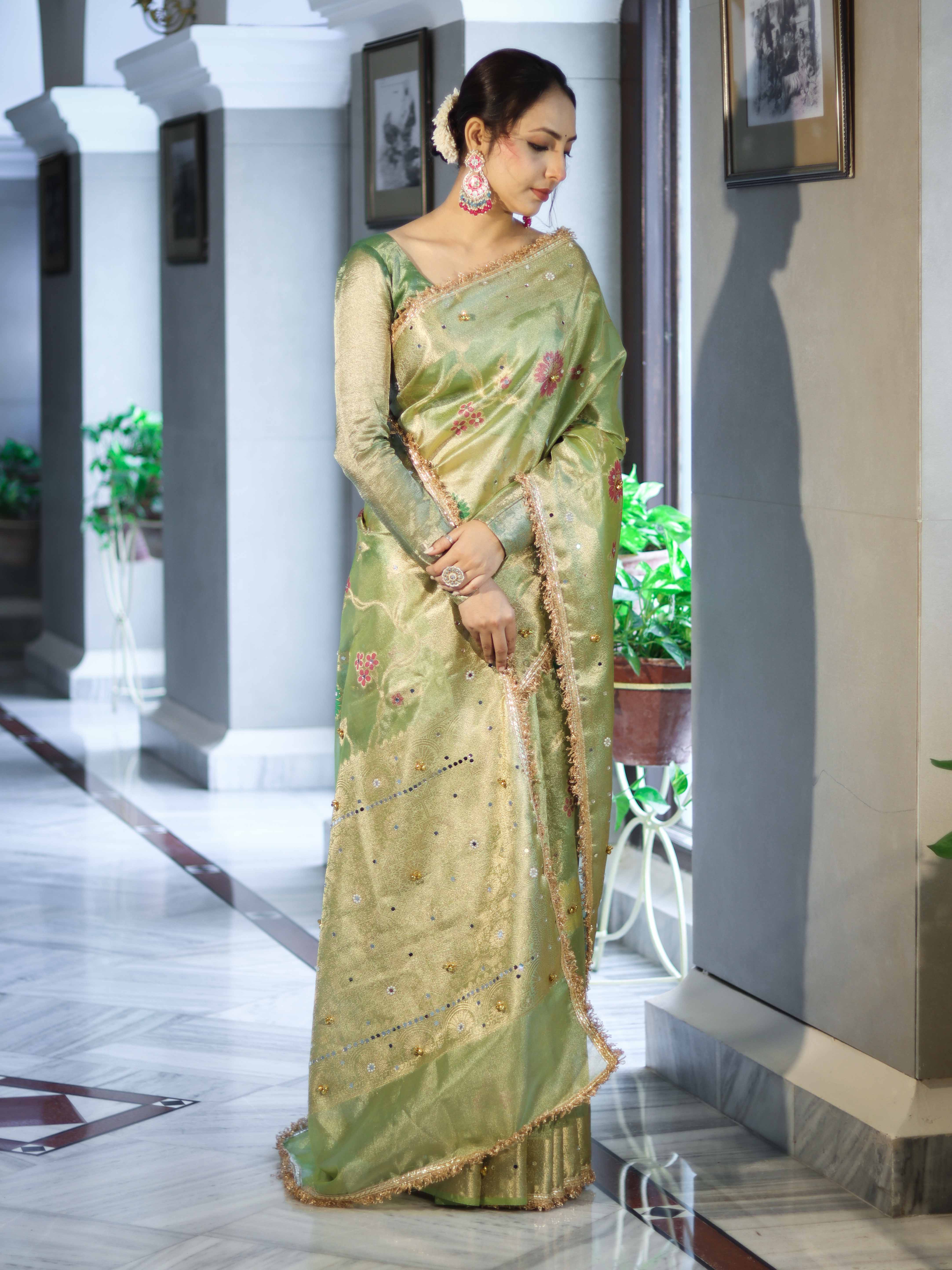 Banarasee Tissue Hand Embroidered Mirror Work Saree With Zari Resham & Ghungroo Work-Green
