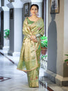 Banarasee Tissue Hand Embroidered Mirror Work Saree With Zari Resham & Ghungroo Work-Green