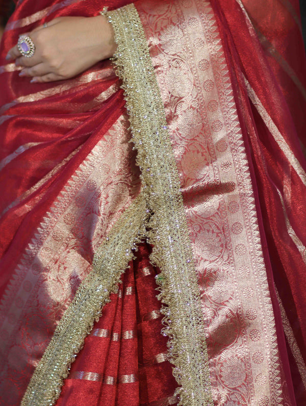 Banarasee Handwoven Tissue Saree With Zari Stripe Pattern Border & Lace-Red