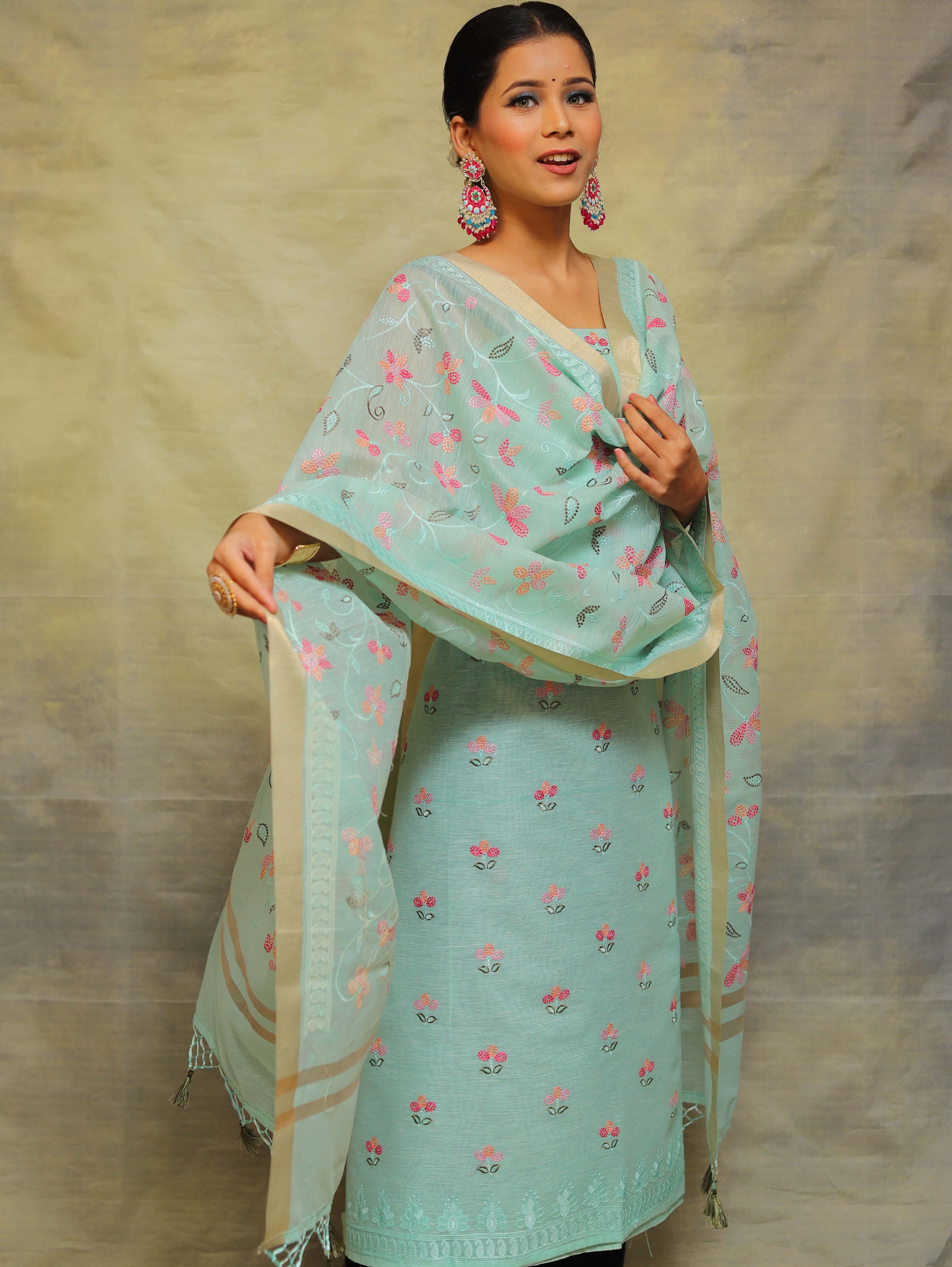 Banarasee Chanderi Cotton Salwar Kameez Fabric With Embroidery Work-Sea Green