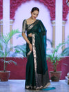 Banarasee Cotton Silk Plain Saree With Floral Zari Border-Deep Green