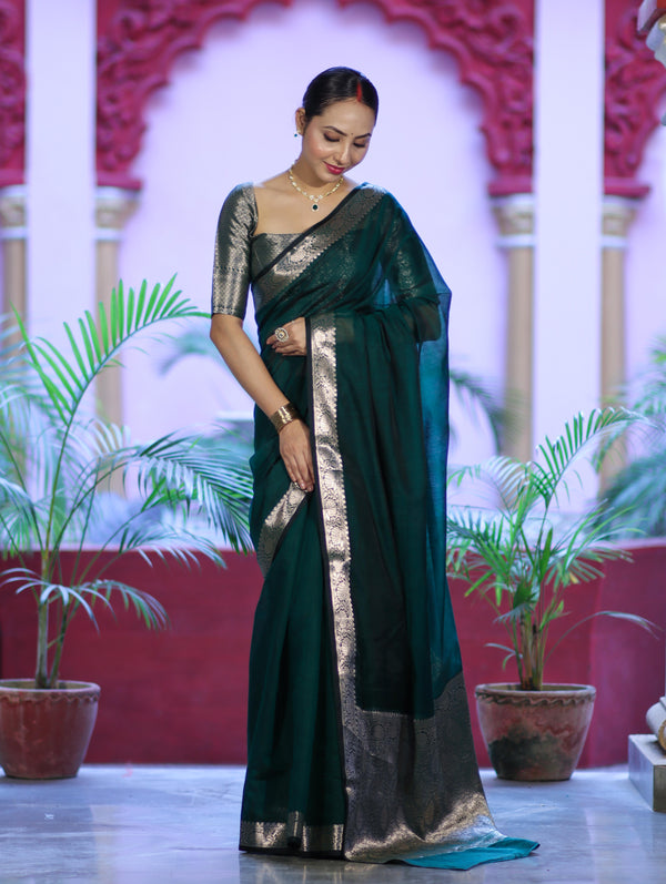Banarasee Cotton Silk Plain Saree With Floral Zari Border-Deep Green