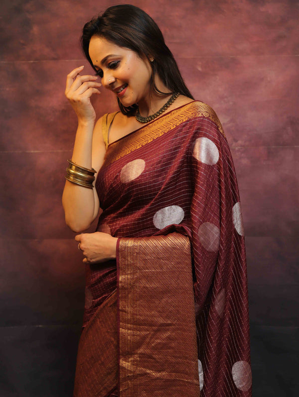 Banarasee Handwoven Pure Muga Silk Saree With Sona Rupa Zari Work-Maroon