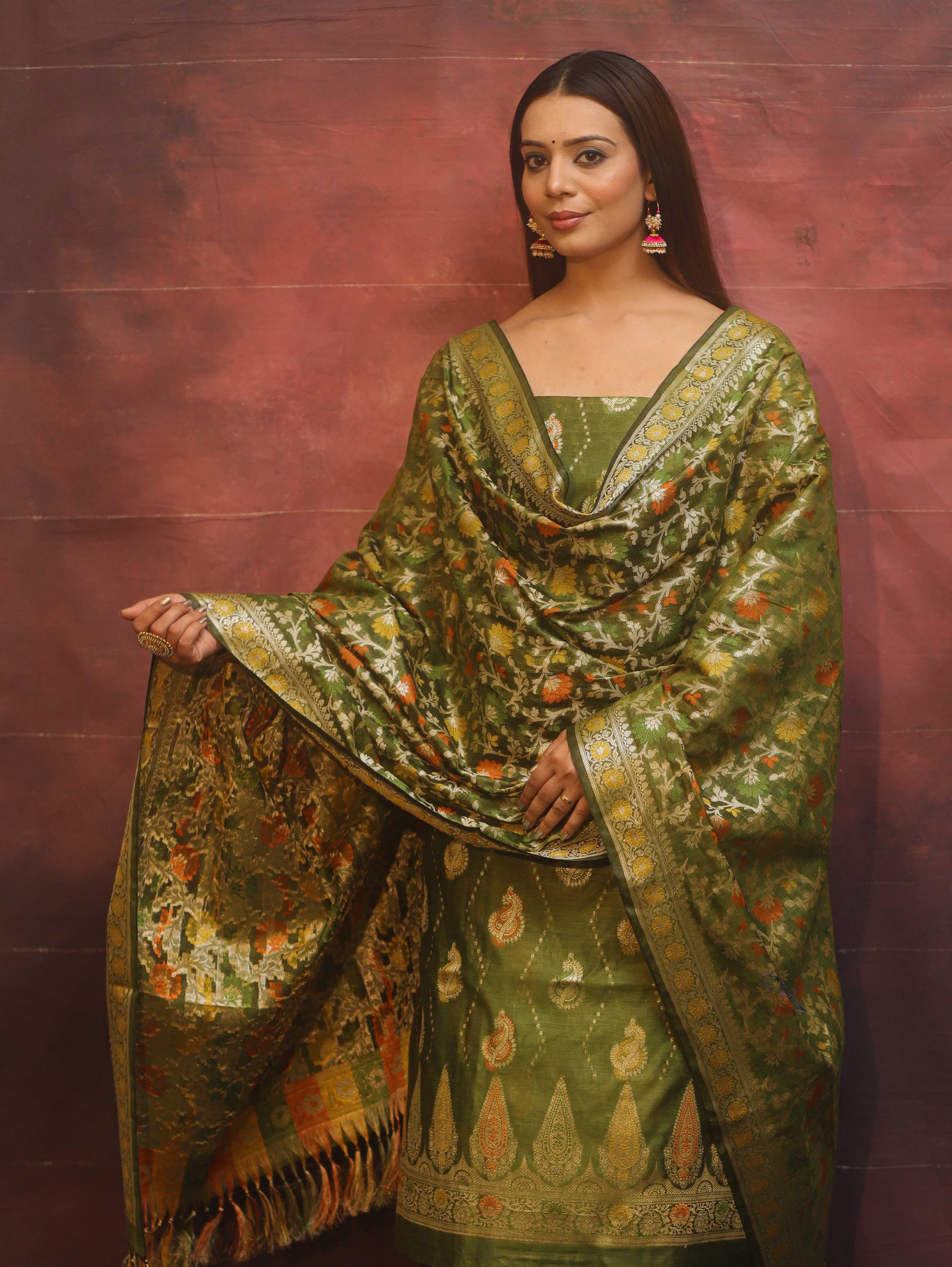 Banarasee Cotton Silk Resham Work Salwar Kameez Fabric With Dupatta-Olive Green