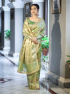 Banarasee Tissue Hand Embroidered Mirror Work Saree With Zari Resham & Ghungroo Work-Green