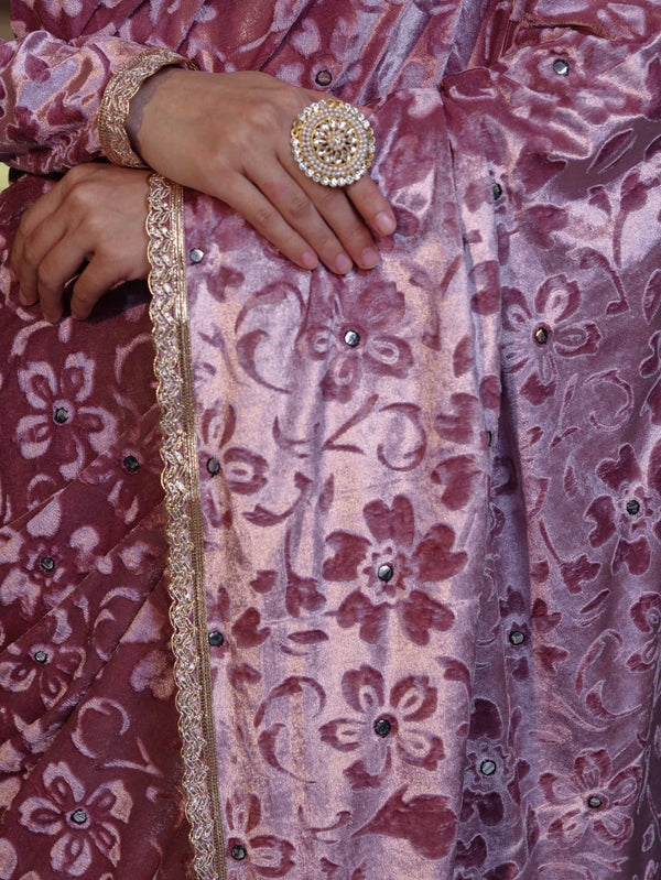 Banarasee Mirror Embroidered Velvet & Tissue Saree-Light Pink