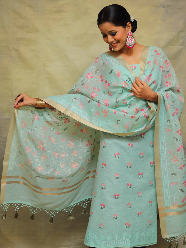 Banarasee Chanderi Cotton Salwar Kameez Fabric With Embroidery Work-Sea Green