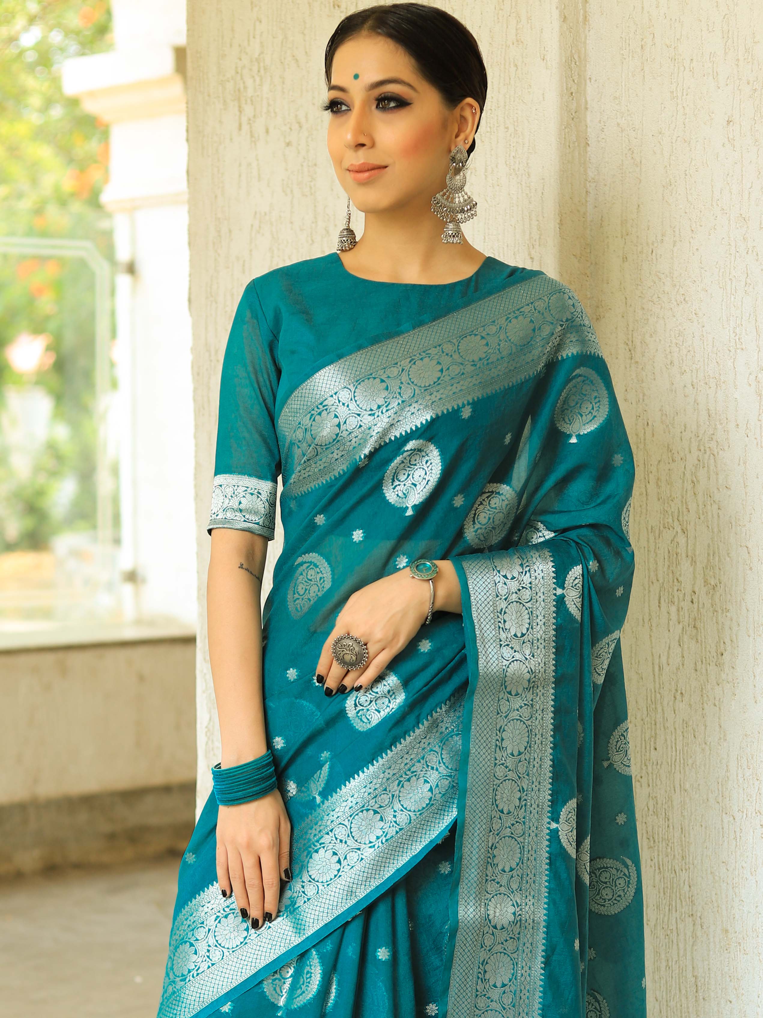 Banarasee Faux Georgette Saree With Silver Zari Buta & Border-Ocean Blue