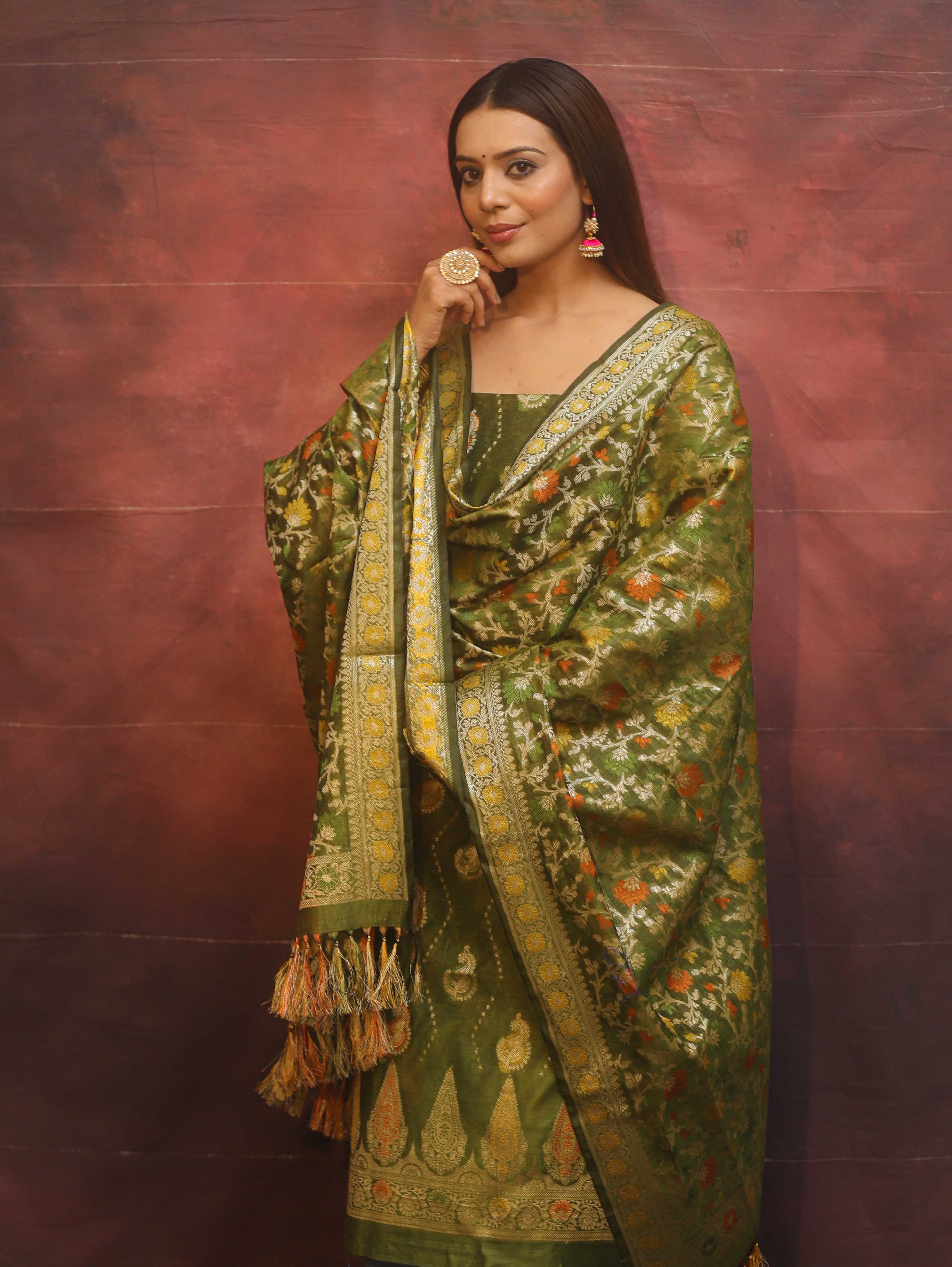 Banarasee Cotton Silk Resham Work Salwar Kameez Fabric With Dupatta-Olive Green