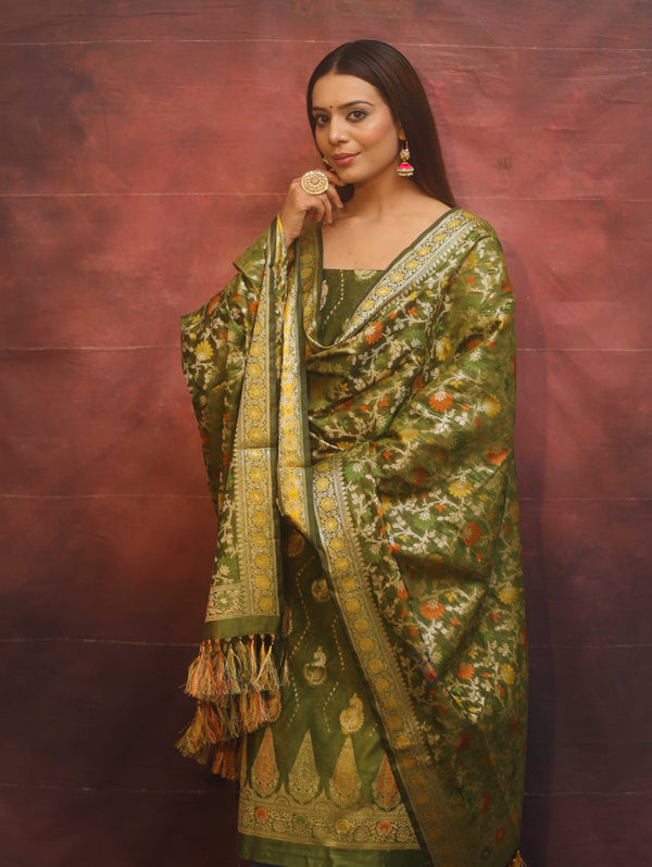 Banarasee Cotton Silk Resham Work Salwar Kameez Fabric With Dupatta-Olive Green