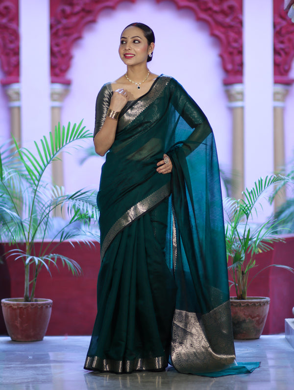 Banarasee Cotton Silk Plain Saree With Floral Zari Border-Deep Green