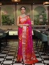 Banarasee Handwoven Semi Chiffon Saree With Zari Buti Work & Contrast Border-Pink & Orange