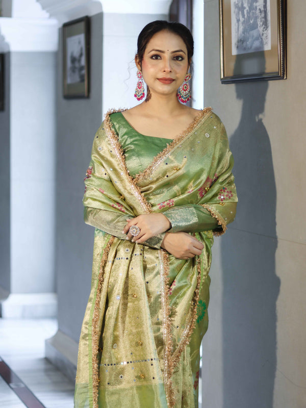 Banarasee Tissue Hand Embroidered Mirror Work Saree With Zari Resham & Ghungroo Work-Green