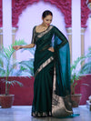 Banarasee Cotton Silk Plain Saree With Floral Zari Border-Deep Green