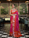 Banarasee Handwoven Semi Chiffon Saree With Zari Buti Work & Contrast Border-Pink & Orange