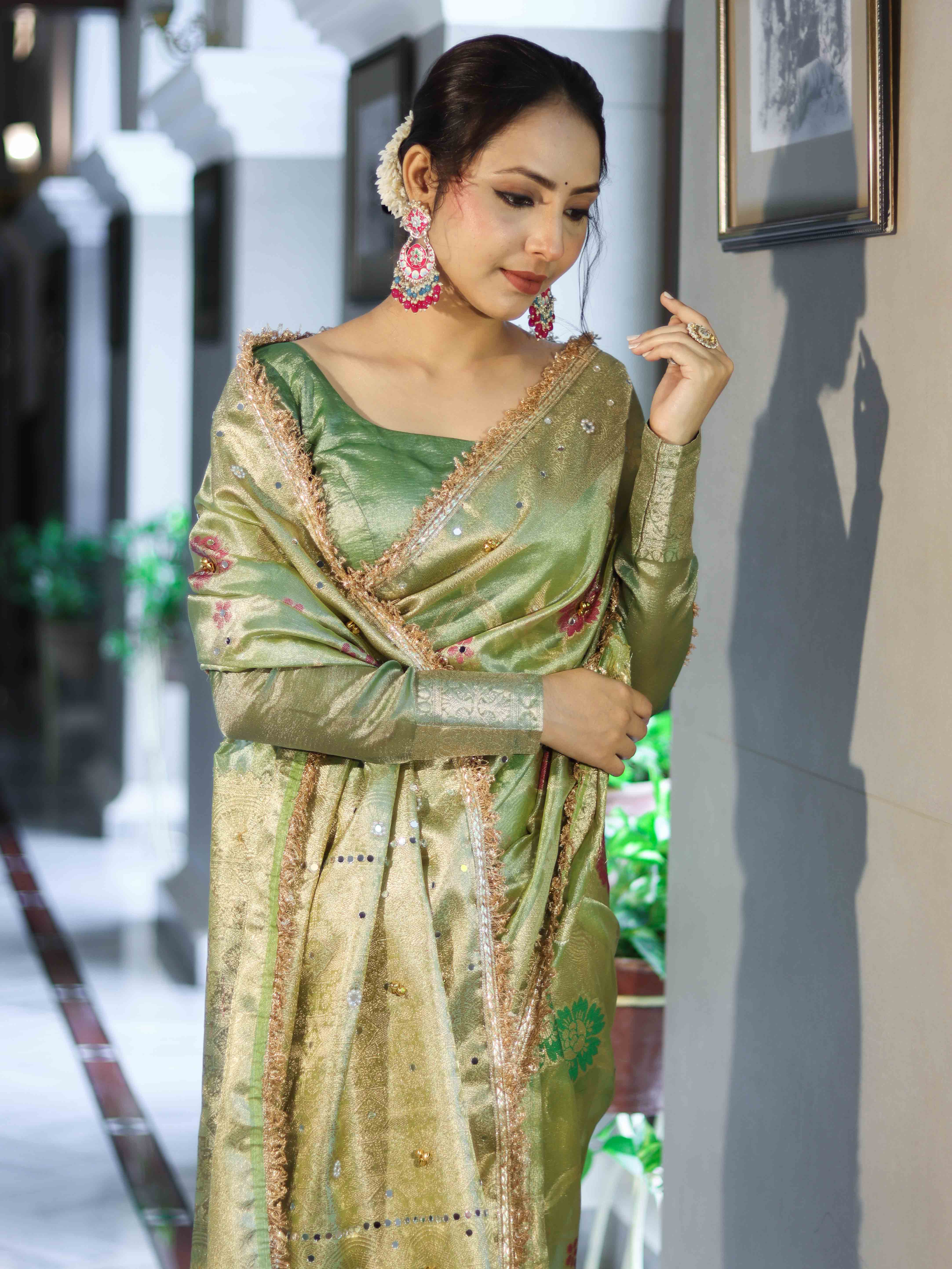 Banarasee Tissue Hand Embroidered Mirror Work Saree With Zari Resham & Ghungroo Work-Green