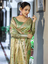 Banarasee Tissue Hand Embroidered Mirror Work Saree With Zari Resham & Ghungroo Work-Green