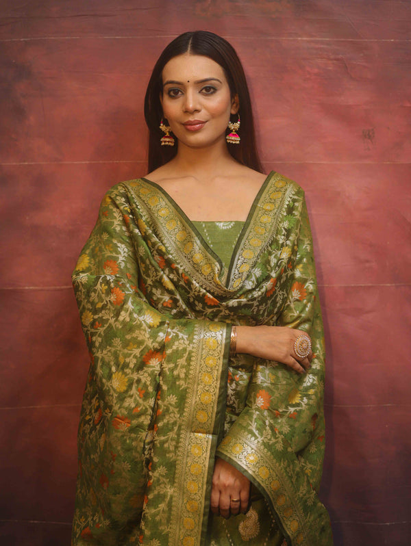 Banarasee Cotton Silk Resham Work Salwar Kameez Fabric With Dupatta-Olive Green
