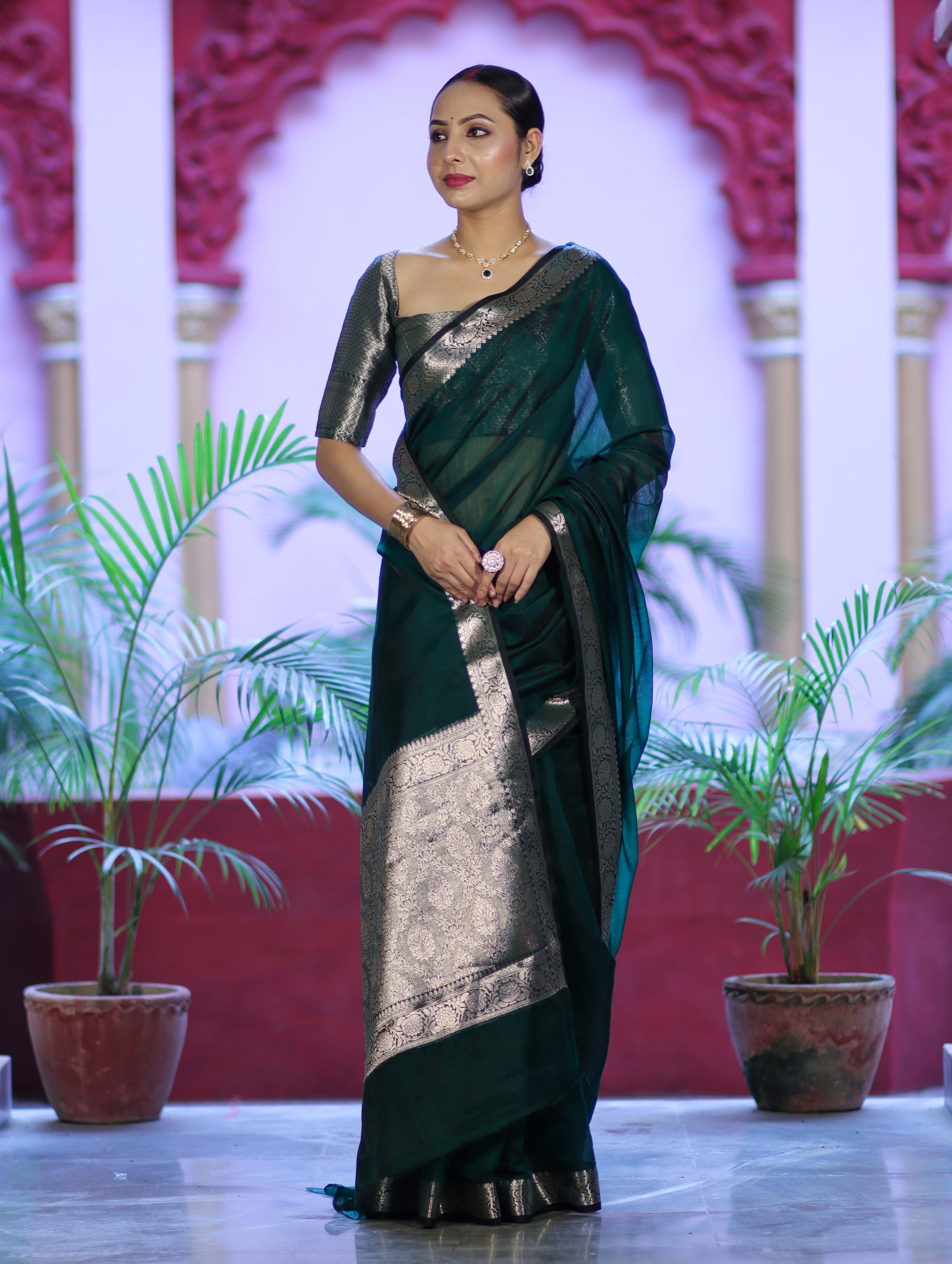 Banarasee Cotton Silk Plain Saree With Floral Zari Border-Deep Green