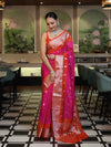 Banarasee Handwoven Semi Chiffon Saree With Zari Buti Work & Contrast Border-Pink & Orange