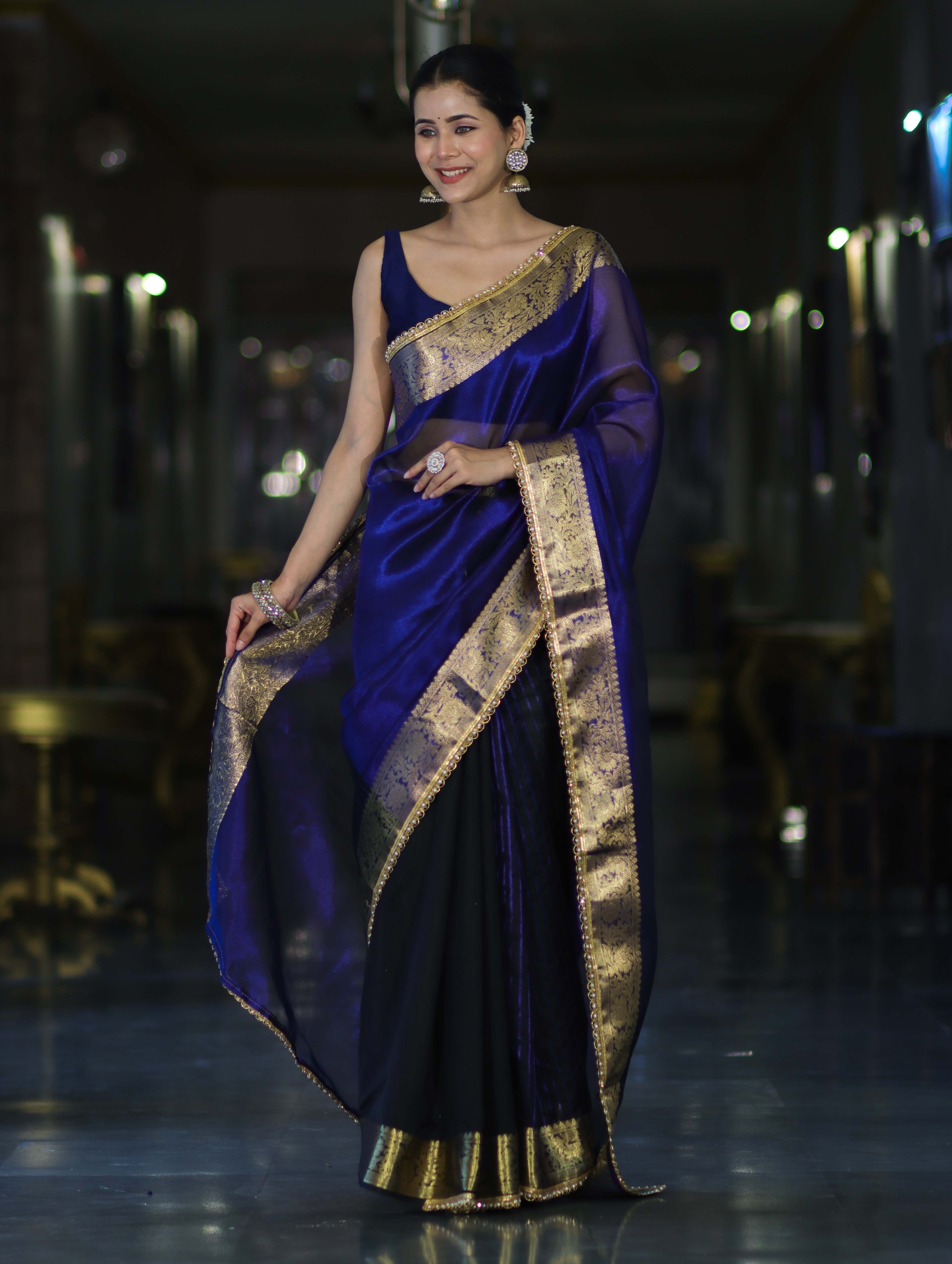 Banarasee Handwoven Dual Color Tissue Saree With Gold Zari Border & Lace-Blue & Black