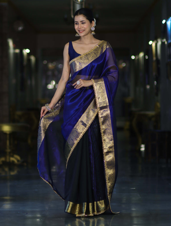 Banarasee Handwoven Dual Color Tissue Saree With Gold Zari Border & Lace-Blue & Black