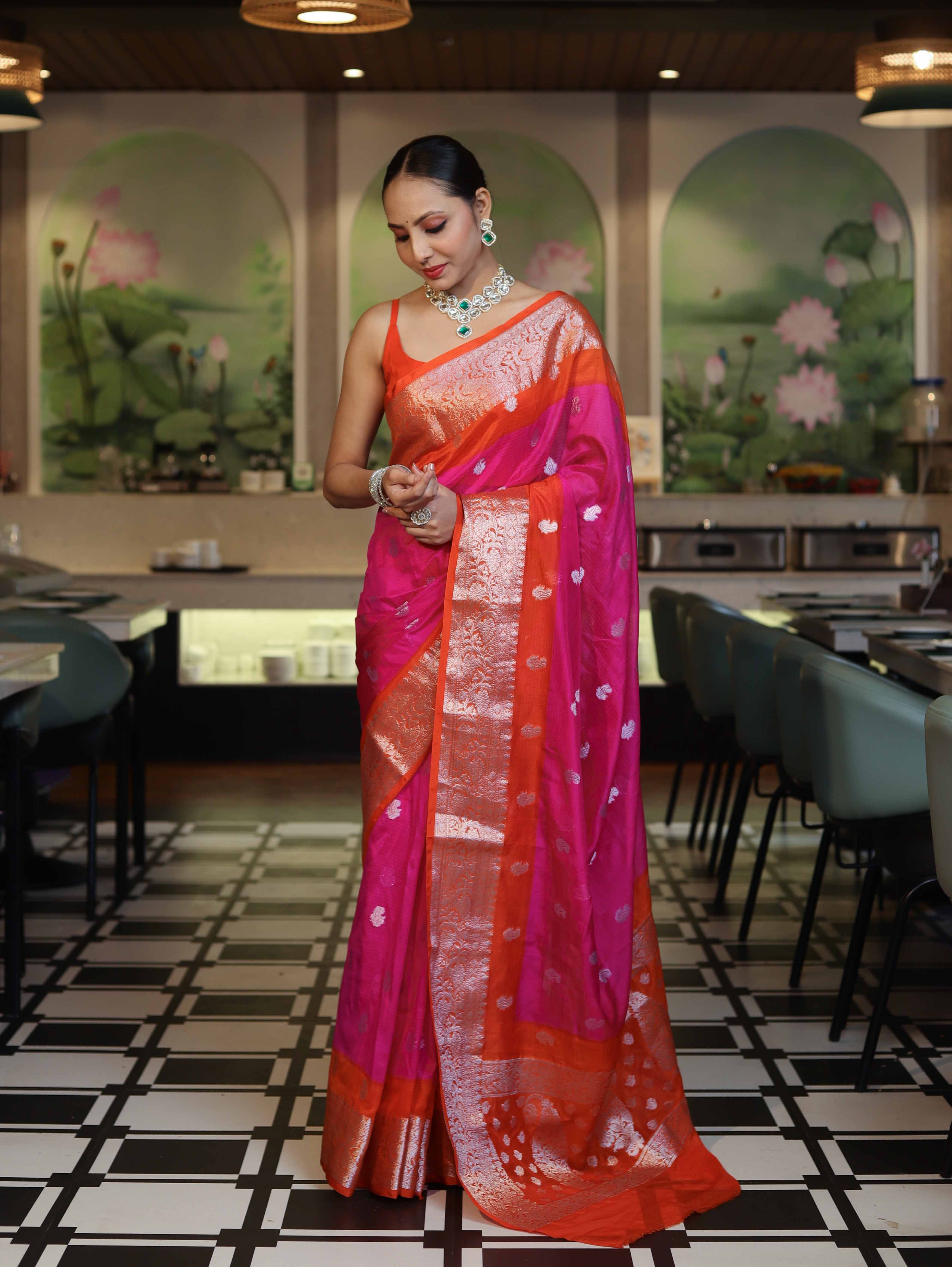 Banarasee Handwoven Semi Chiffon Saree With Zari Buti Work & Contrast Border-Pink & Orange