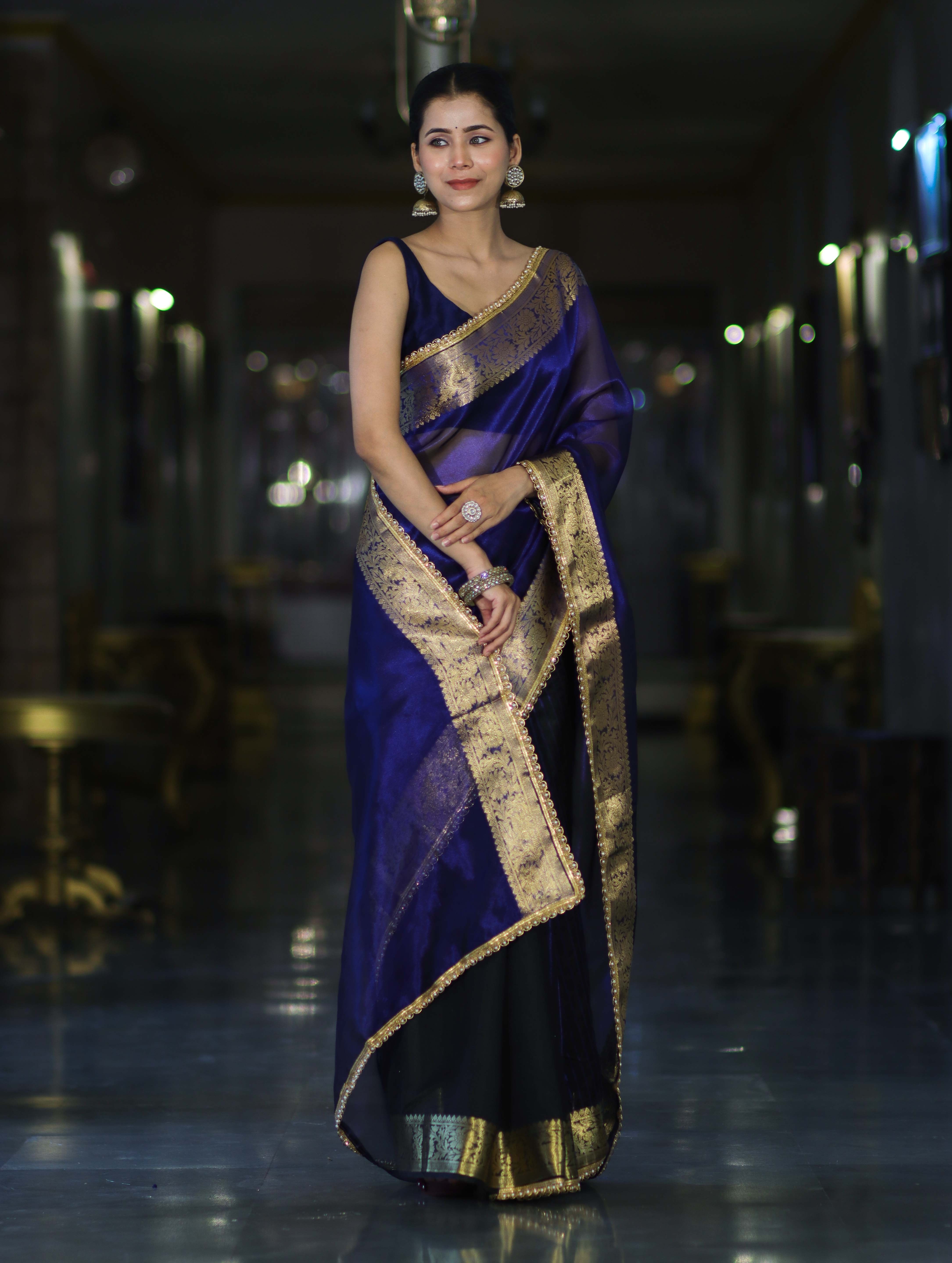 Banarasee Handwoven Dual Color Tissue Saree With Gold Zari Border & Lace-Blue & Black