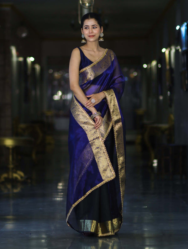 Banarasee Handwoven Dual Color Tissue Saree With Gold Zari Border & Lace-Blue & Black