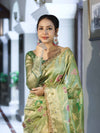Banarasee Tissue Hand Embroidered Mirror Work Saree With Zari Resham & Ghungroo Work-Green