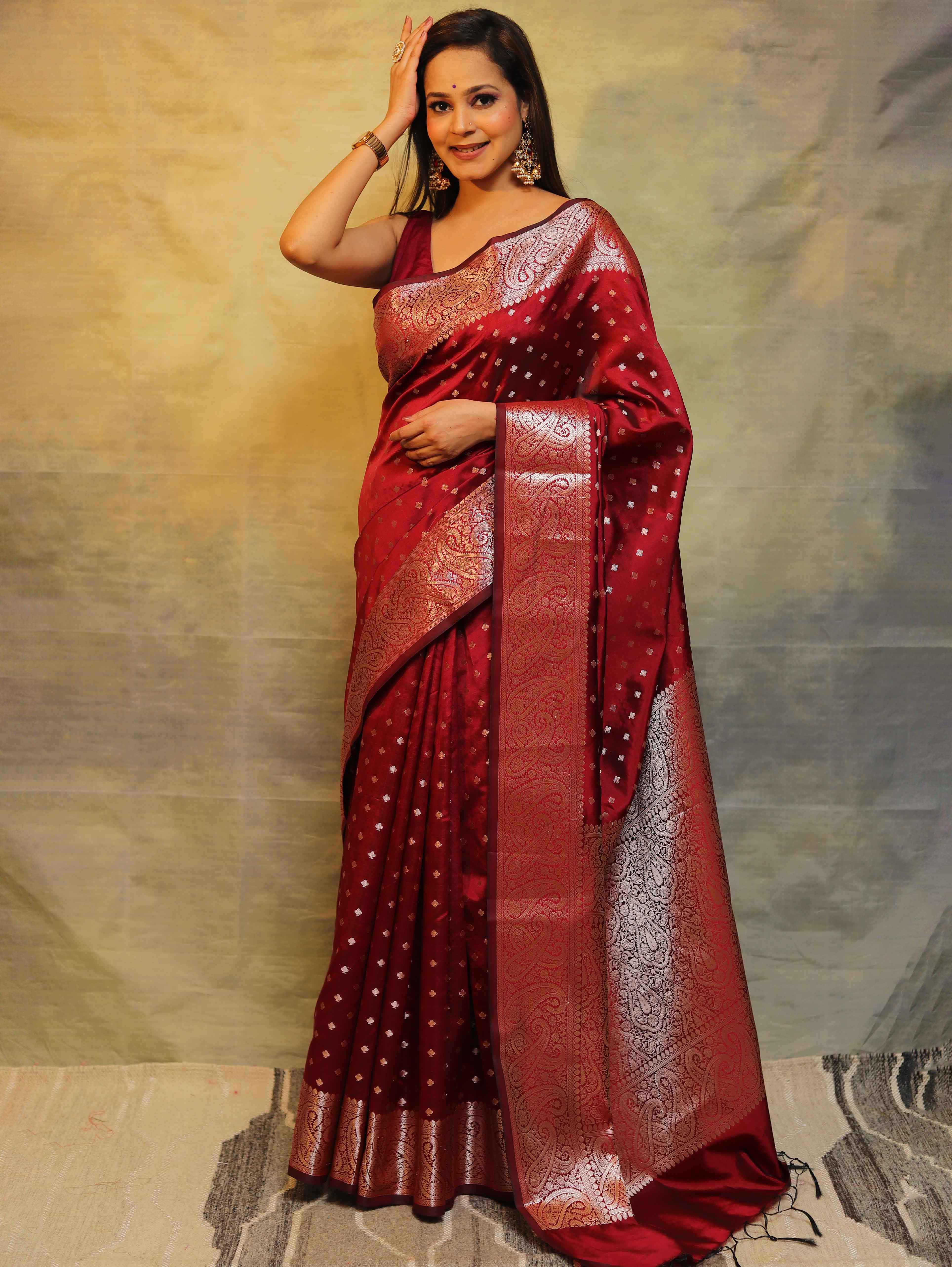 Banarasee Handwoven Semi Silk Saree With Zari Work-Maroon