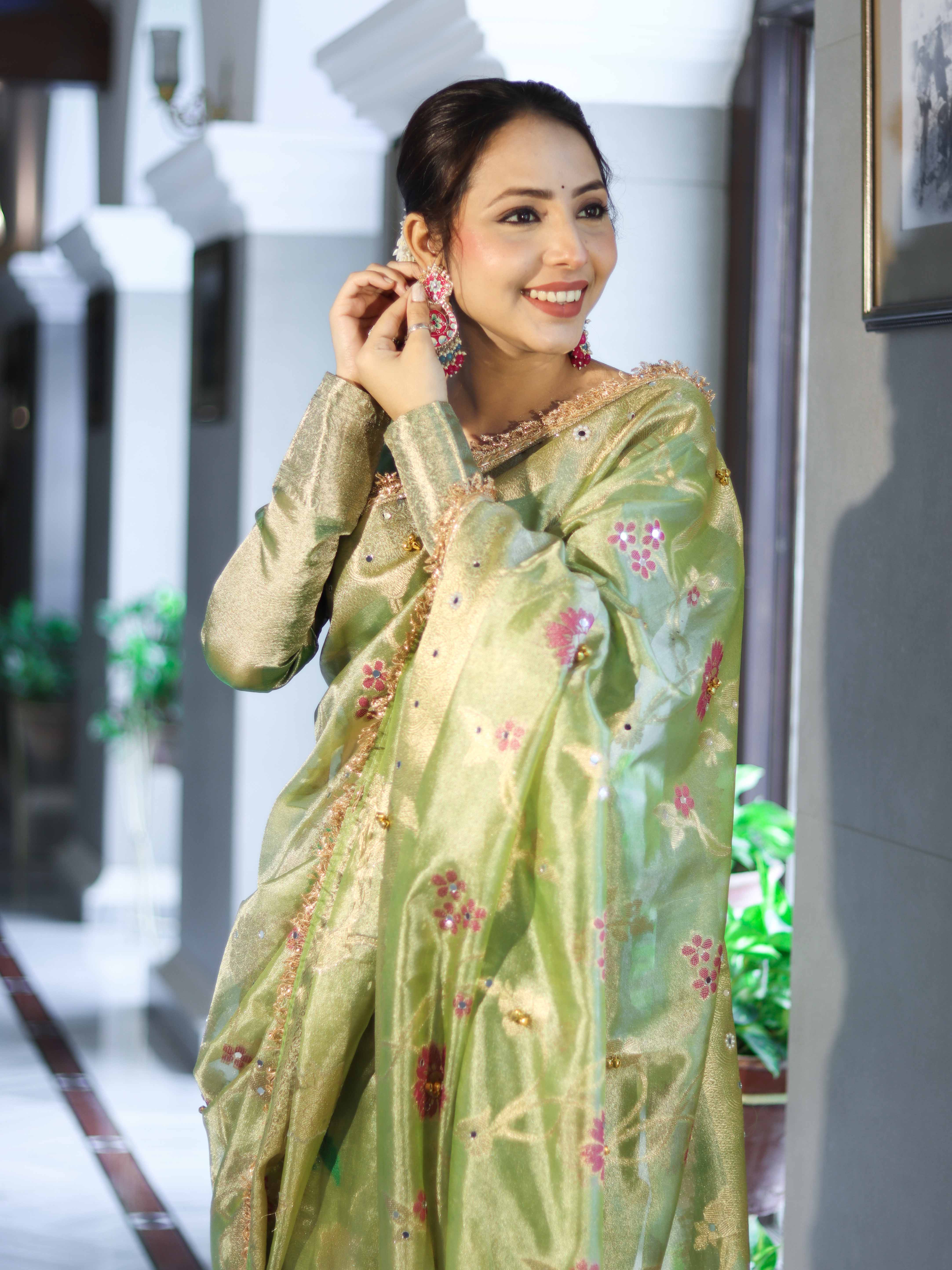 Banarasee Tissue Hand Embroidered Mirror Work Saree With Zari Resham & Ghungroo Work-Green