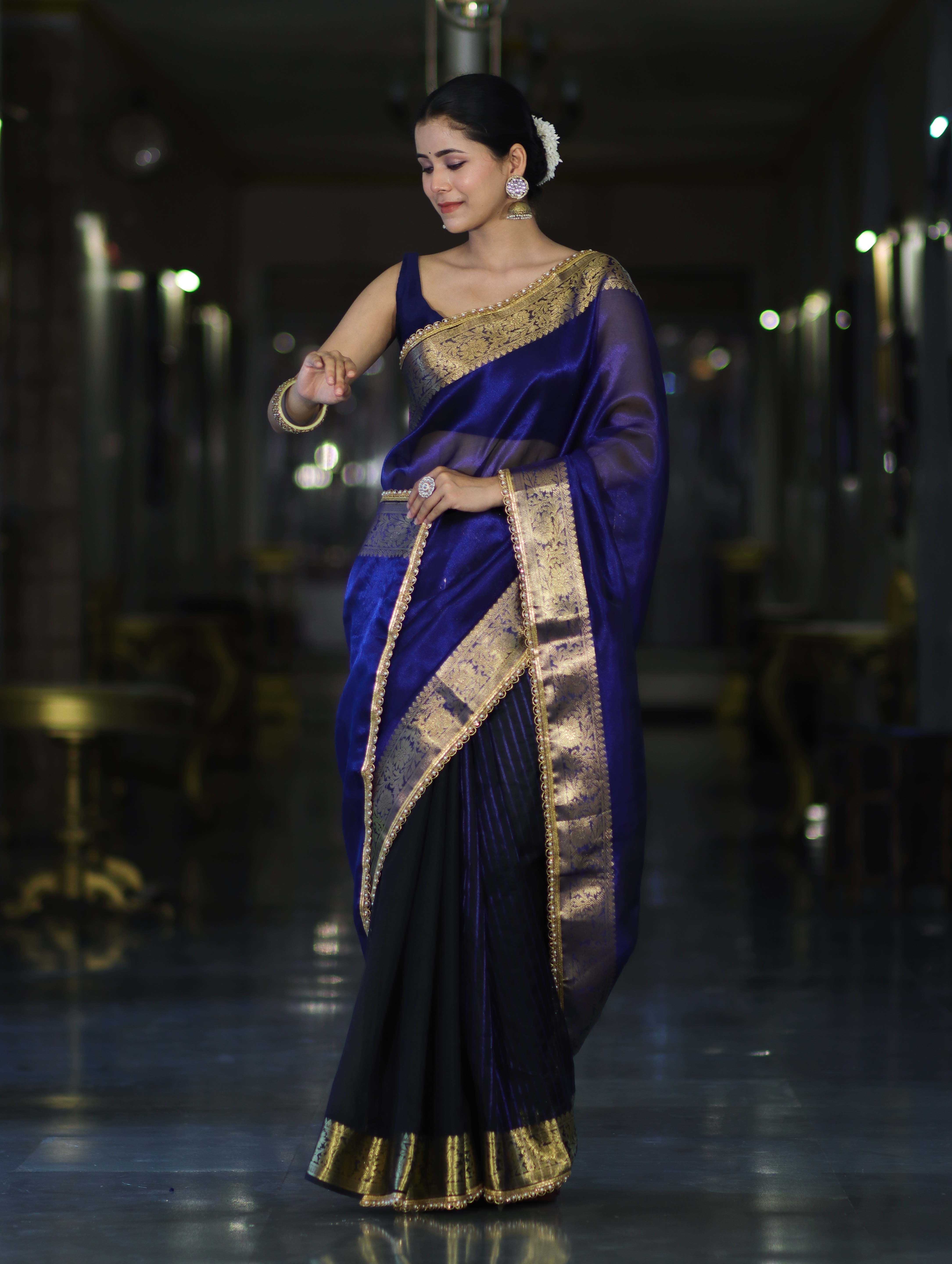 Banarasee Handwoven Dual Color Tissue Saree With Gold Zari Border & Lace-Blue & Black