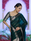 Banarasee Cotton Silk Plain Saree With Floral Zari Border-Deep Green