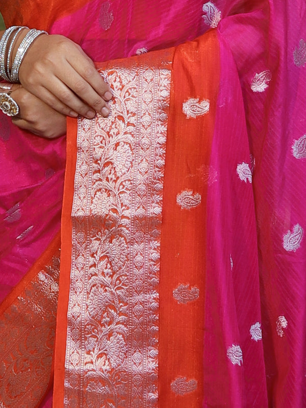 Banarasee Handwoven Semi Chiffon Saree With Zari Buti Work & Contrast Border-Pink & Orange