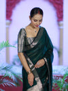 Banarasee Cotton Silk Plain Saree With Floral Zari Border-Deep Green